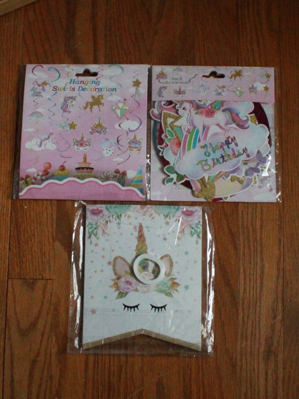 Trio of Unknown Brand Unicorn Themed Hanging Birthday Decor